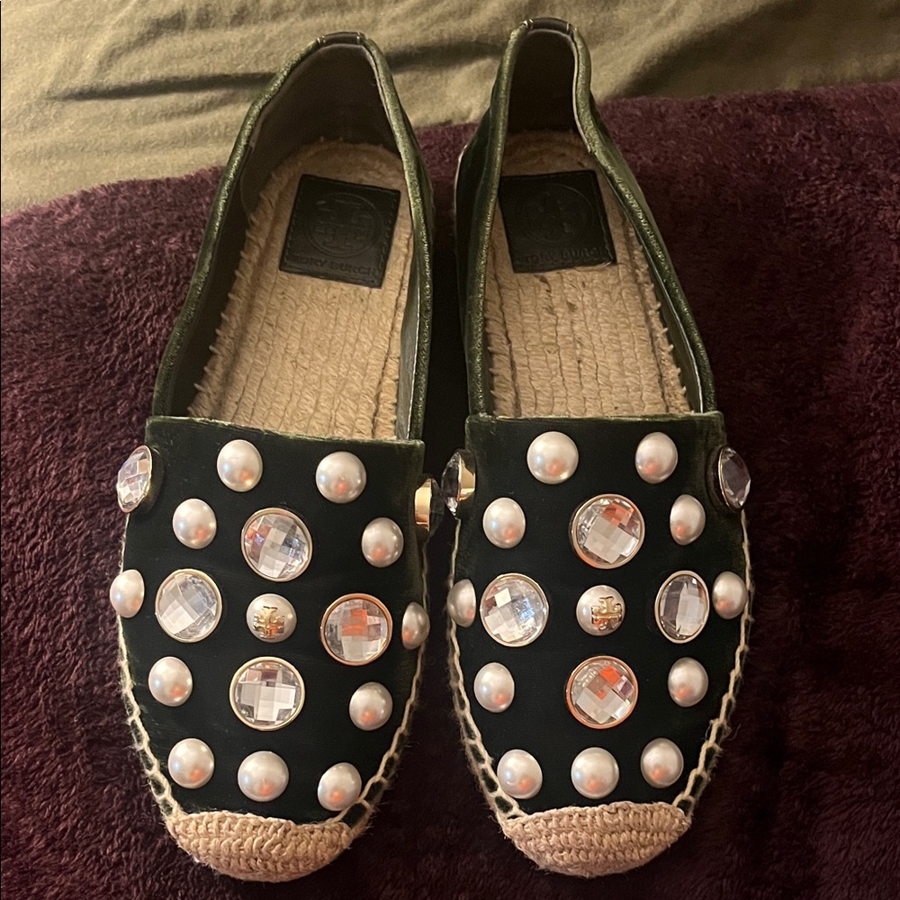 Tory Burch Black Espadrilles with Pearl and Crystal Accents